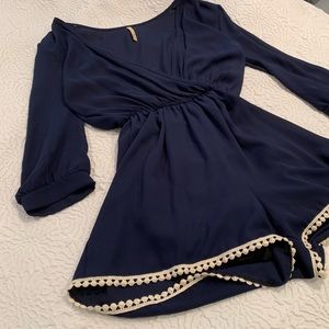 Navy Plunge Long-Sleeve Romper